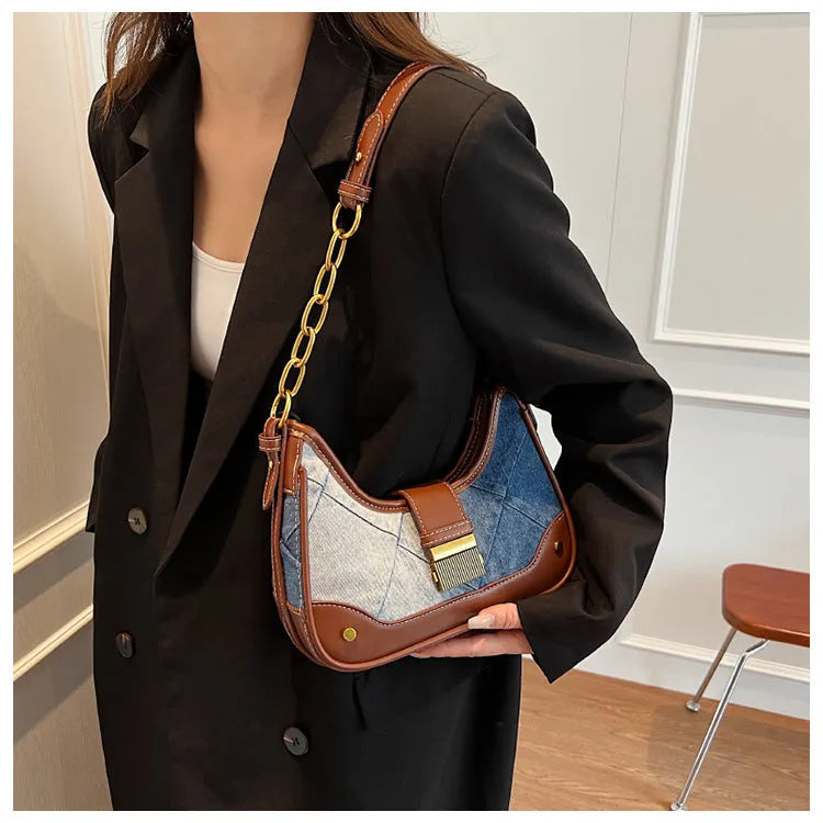 Brown denim women's shoulder bag with diamond mesh panels and chain straps