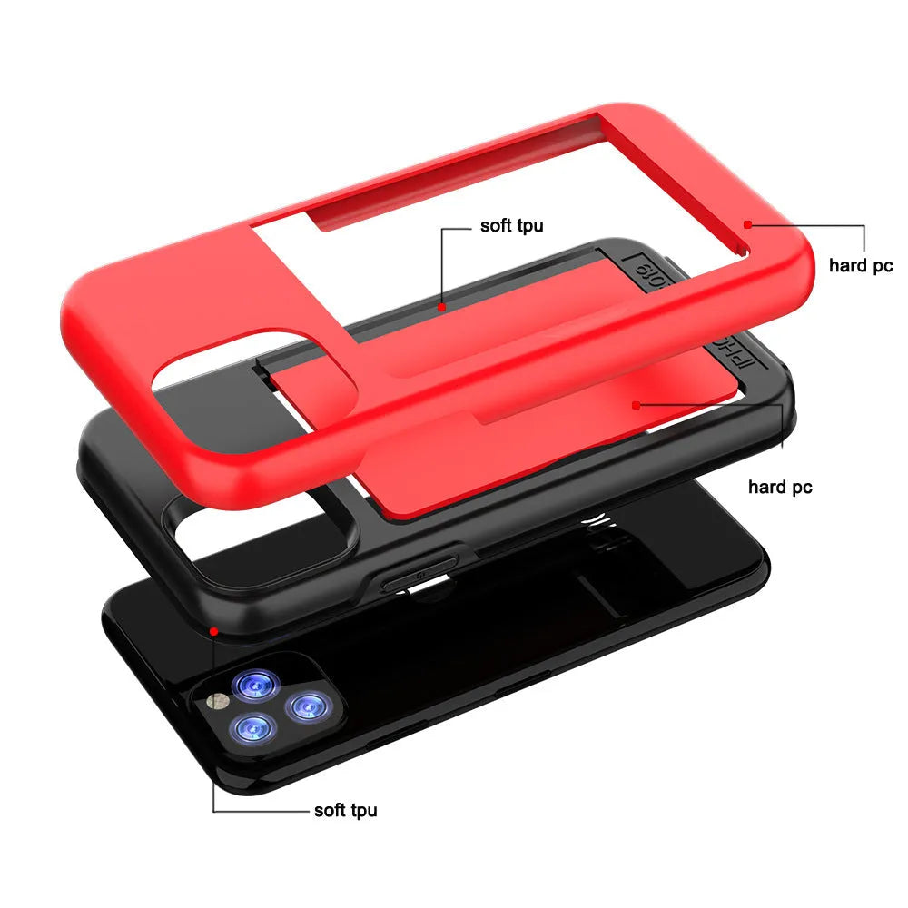 Simple solid-colour TPU and PC mobile phone shell for iPhone 11 series in black, red, pink, dark blue, blue, and purple.
