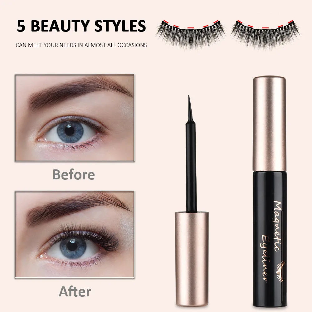 Magnetic false eyelashes set with 5 pairs of handcrafted imported fiber lashes and 2 mascara tubes in packaging