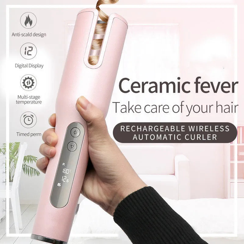 Wireless automatic hair curler with LCD screen, ceramic heating, and USB charging, in pink colour, with storage bag and clips