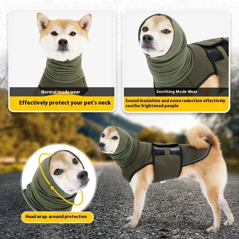 Army green dog anti-anxiety jacket on a medium-sized dog, showing a close-fitting, calming pet clothing design.