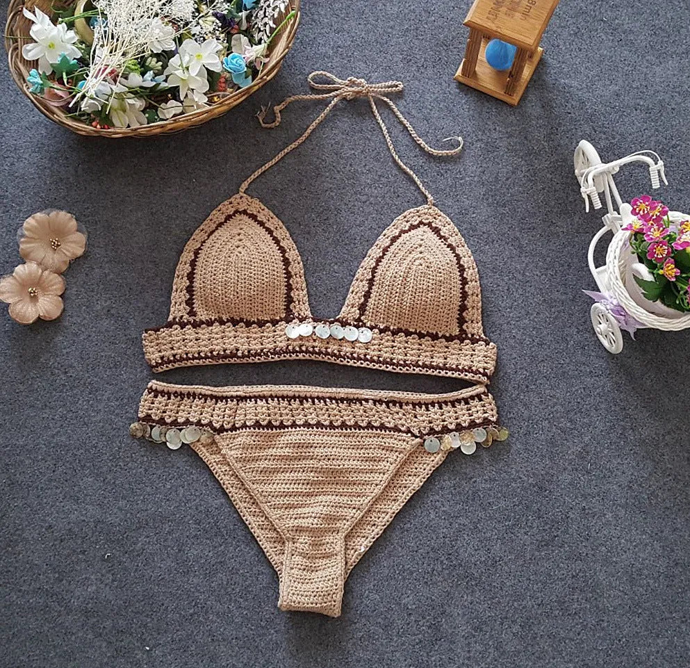 Hand-knitted brown shell design bikini set with split cut for women's beachwear