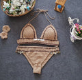 Hand-knitted brown shell design bikini set with split cut for women's beachwear