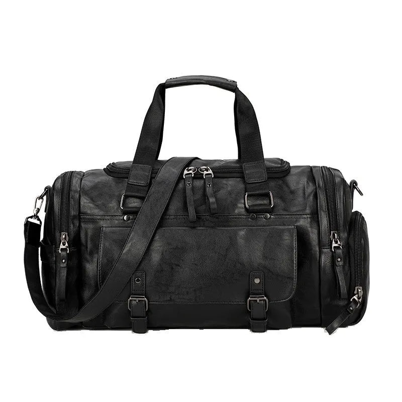 Large black travel bag with separate shoe compartment showing dimensions 52cm by 19cm by 27cm