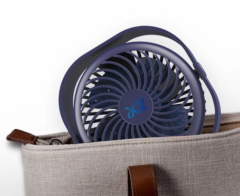 USB desk fan with alarm clock in blue, showing 360-degree rotating head and rotary switch.