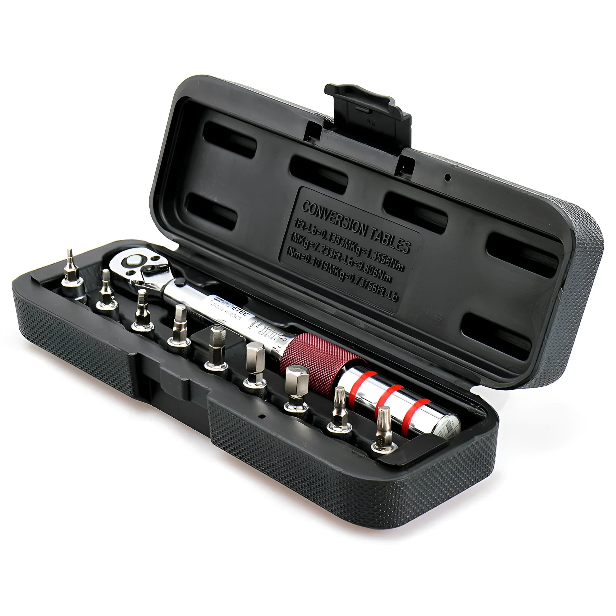 Metric torque wrench set with steel handle, 1/4 inch square drive head, and embossed scale
