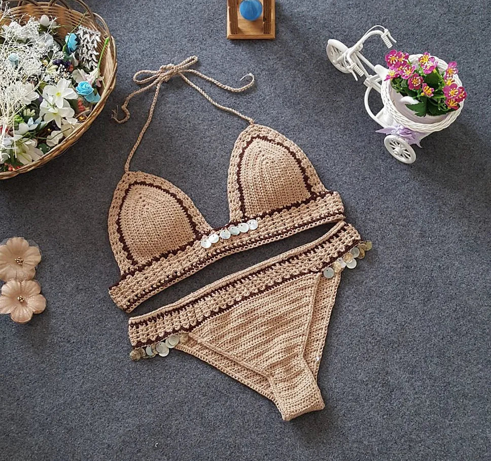 Hand-knitted brown shell design bikini set with split cut for women's beachwear