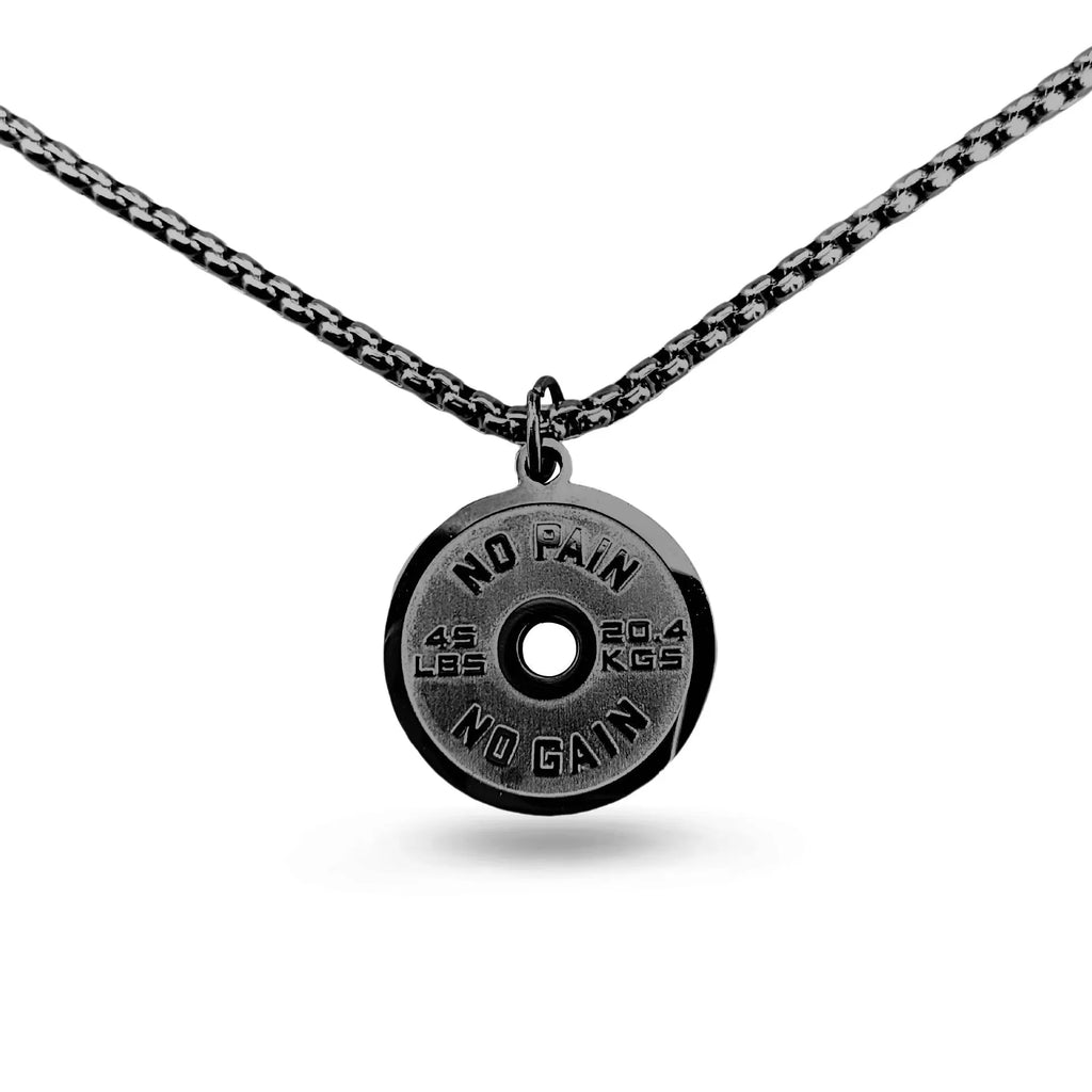 Stainless steel barbell disc pendant necklace with geometric sports design