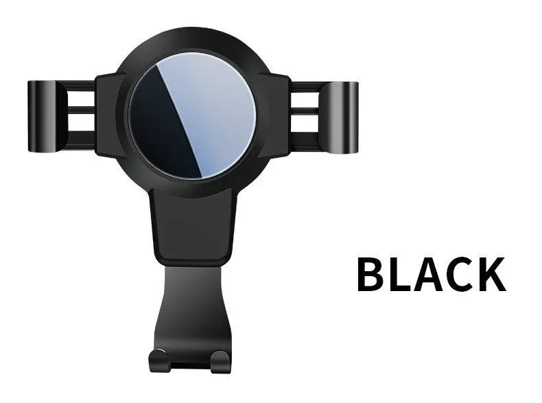 Black S4 gravity mirror ABS car phone holder attached to a vehicle's air conditioning vent.
