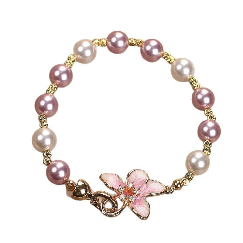 New Chinese style wisteria flower imitation pearl bracelet for women in pink colour, sweet light luxury design