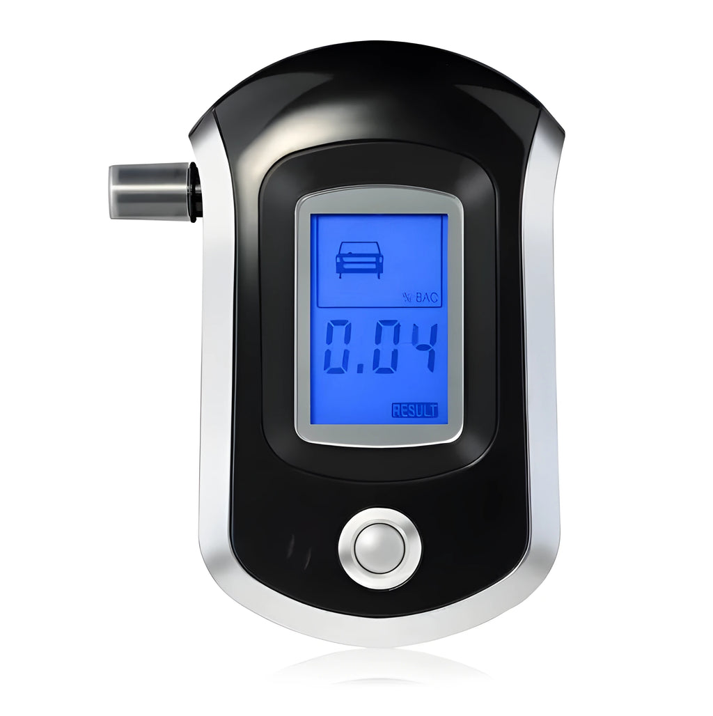 Black pen-style portable alcohol tester with digital screen and mouthpiece