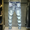 Men's light blue cotton ripped straight-leg jeans with a casual leisure style