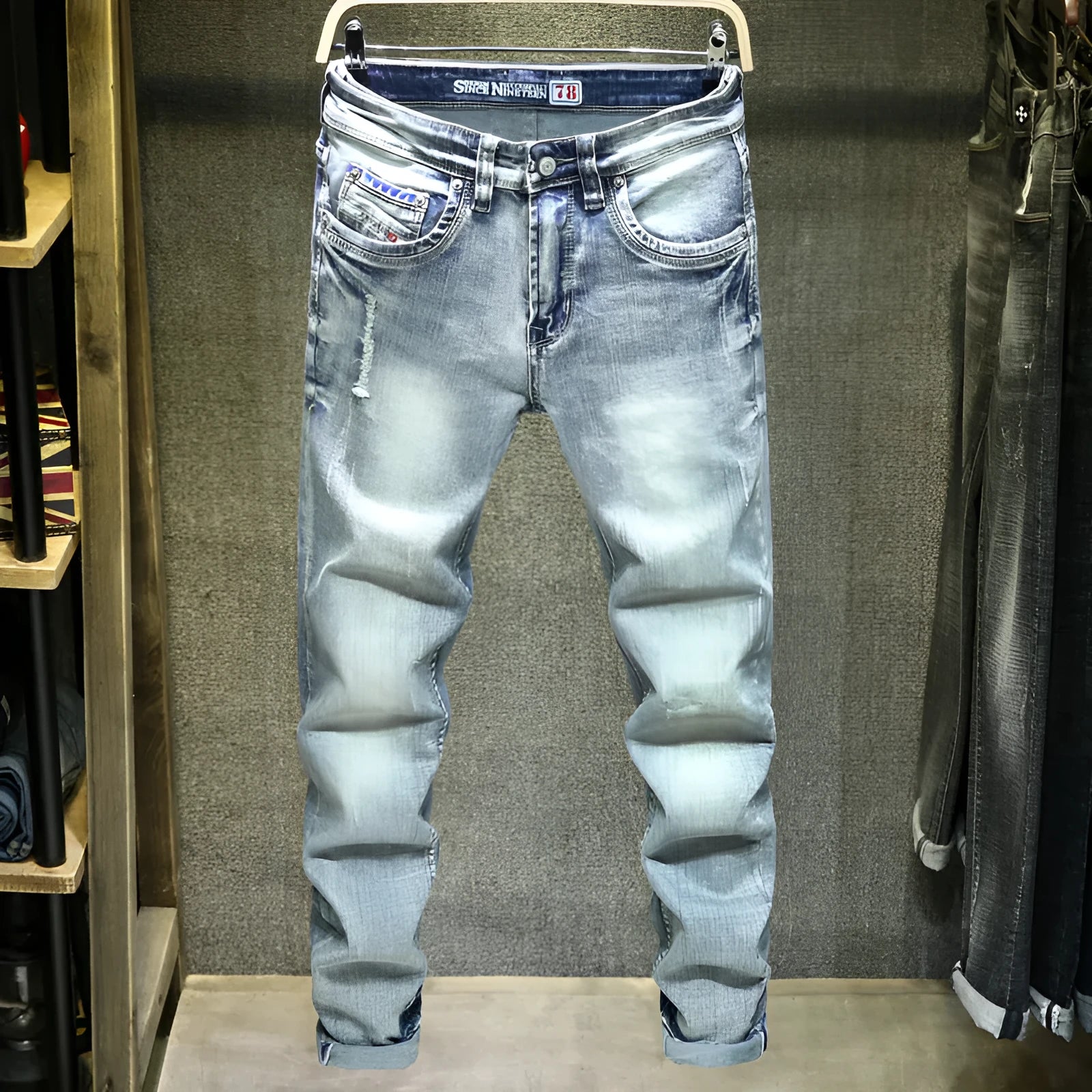 Men's light blue cotton ripped straight-leg jeans with a casual leisure style