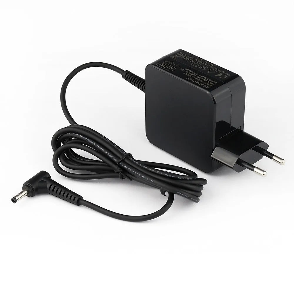 Black 45W laptop adapter with DC connector and EU/US plug compatibility