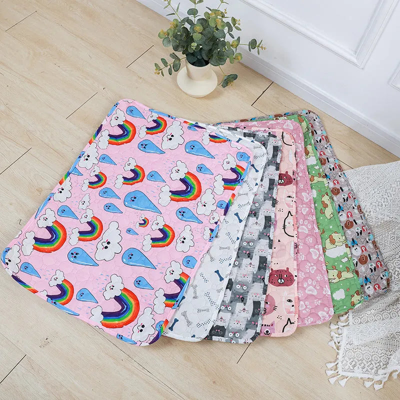 Reusable washable pet urine pad with animal print design, showing non-slip backing and cloth material.