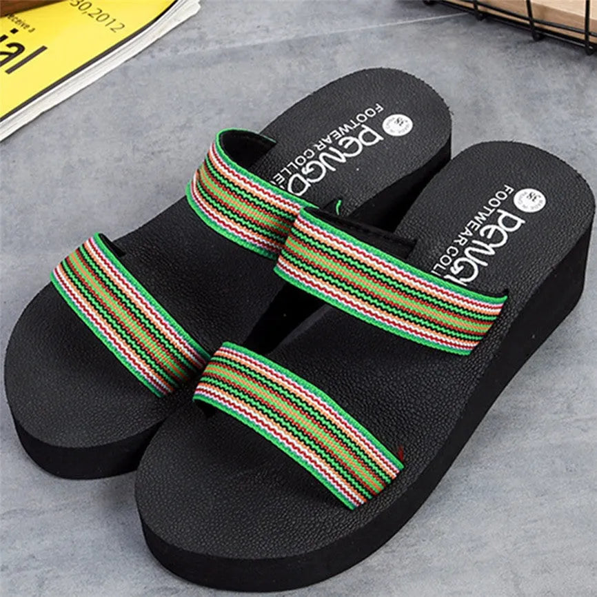 Women's brown bohemian summer slippers with elastic EVA upper and adjustable band closure