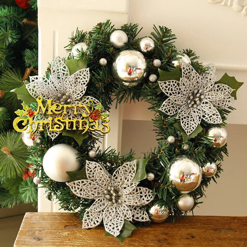 30cm multicolour plastic Christmas wreath in red, gold, silver, blue, pink or purple on a door.