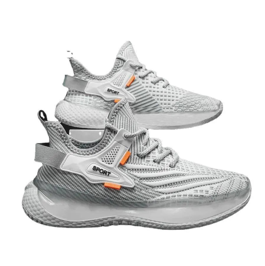 Men's white low-top platform sneakers with mesh upper and flat rubber sole on a plain background.