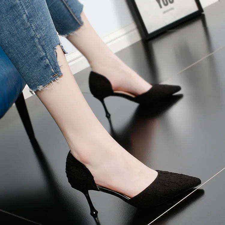 Women's black pointed stiletto high heels with 6-8cm PU leather construction