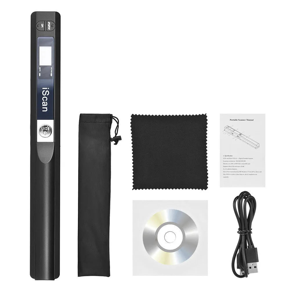 Handheld plastic scanner shown in one of five colour options: black, blue, green, red, or silver.