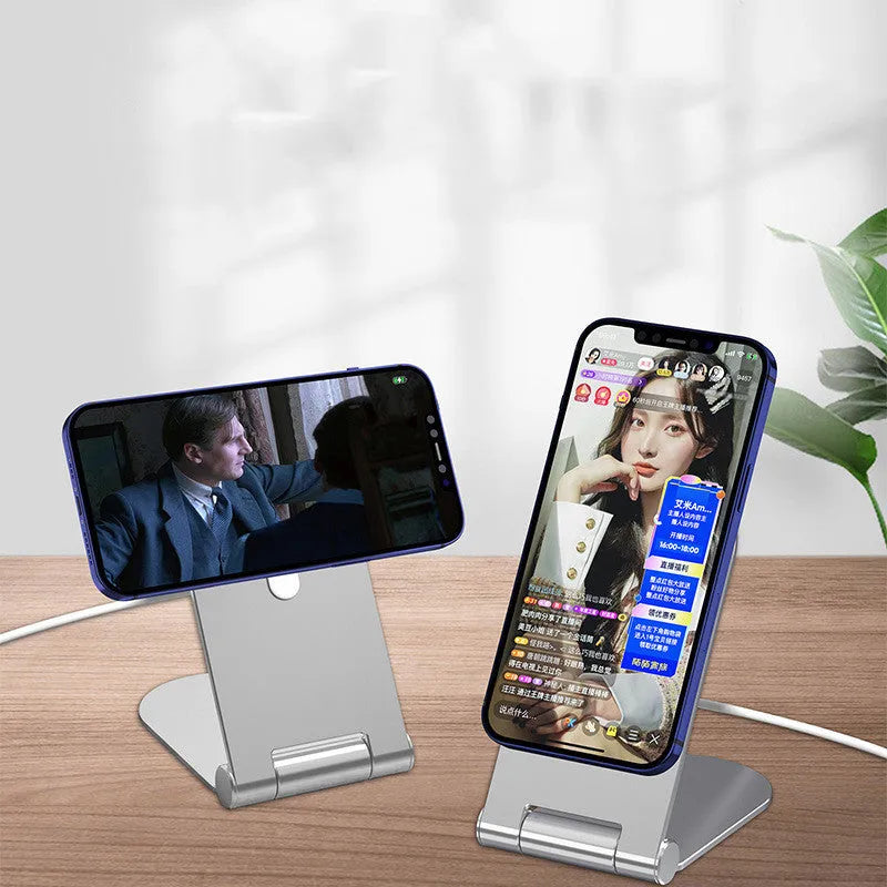Silver vertical adjustable magnetic bracket for iPhone 12 phones showing compact dimensions