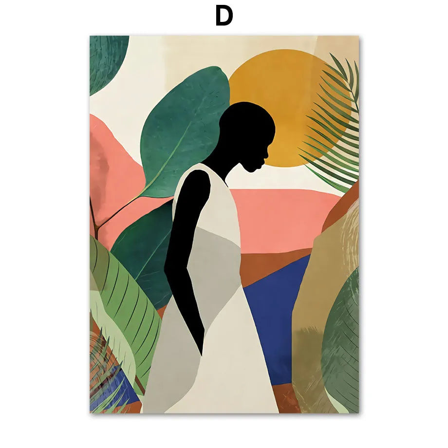 Abstract African women flower leaf mural art canvas painting spray paint on oil canvas unframed rectangular shape