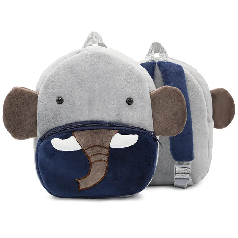 Plush animal backpack for children with zipper closure measuring 26x24x10cm