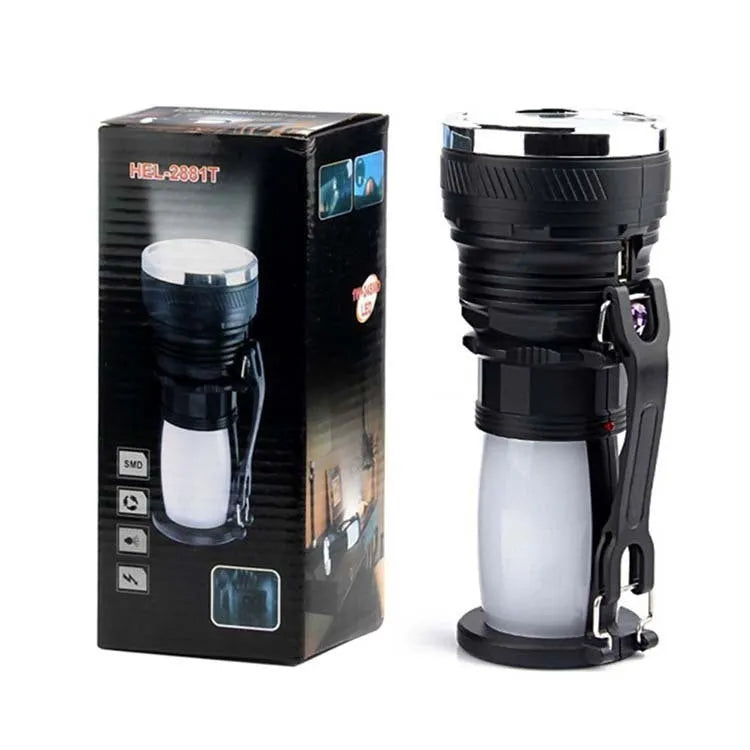 Black solar-powered emergency flashlight with USB charging port