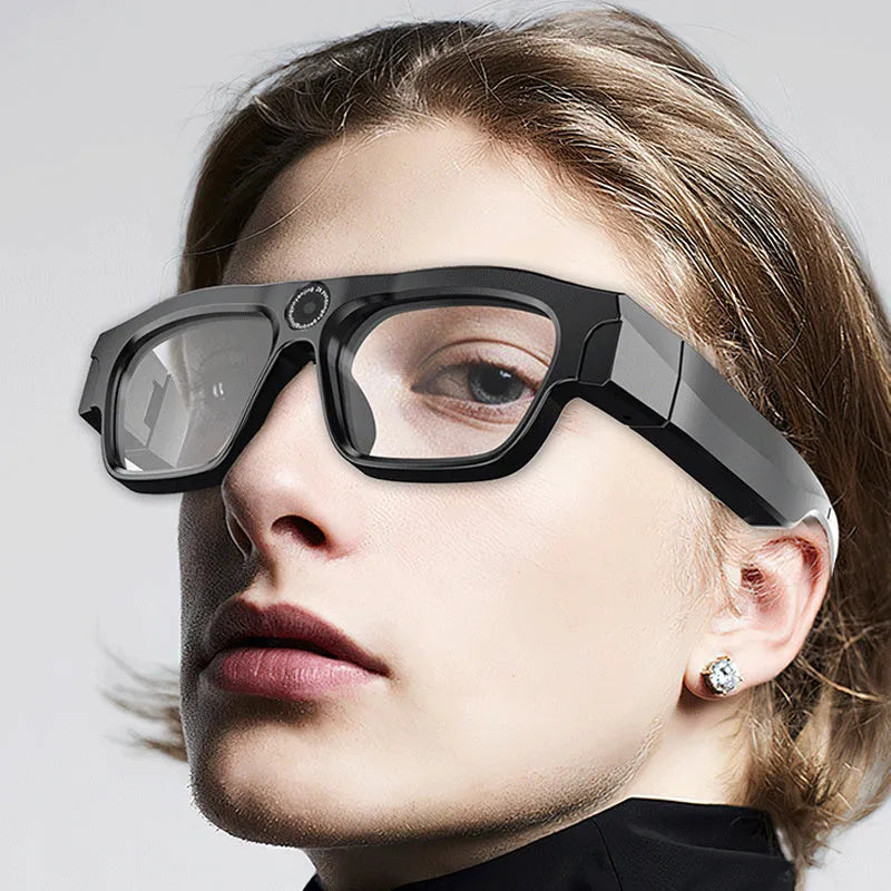 Black smart Bluetooth glasses with video camera for head-mounted recording