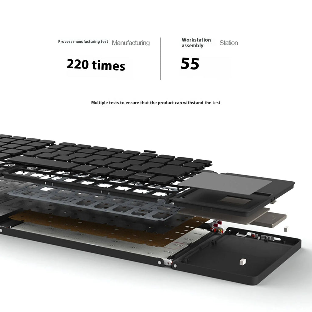 Black tri-fold Bluetooth keyboard shown open next to a smartphone, highlighting its slim 0.8cm profile.