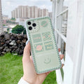 Green iPhone case with smiley face and white polka dot geometric design on the back.