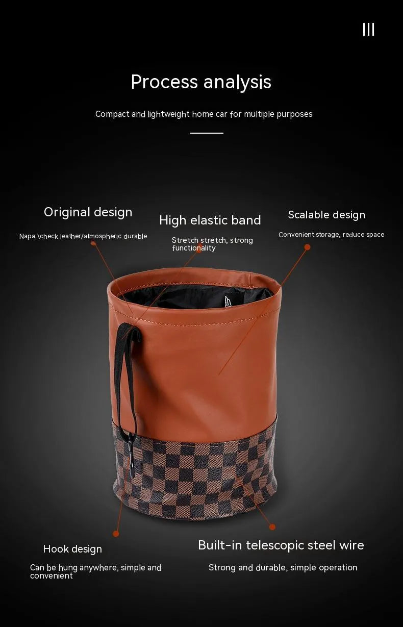 Black retractable leather car trash can with folding design and carry handle