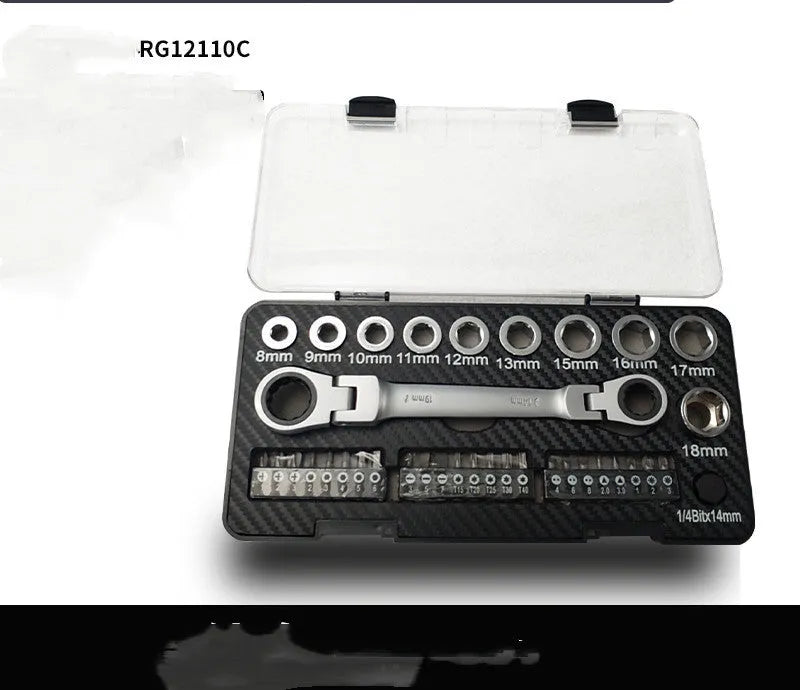 Dual-purpose ratchet wrench set with sockets and batch heads on grey background