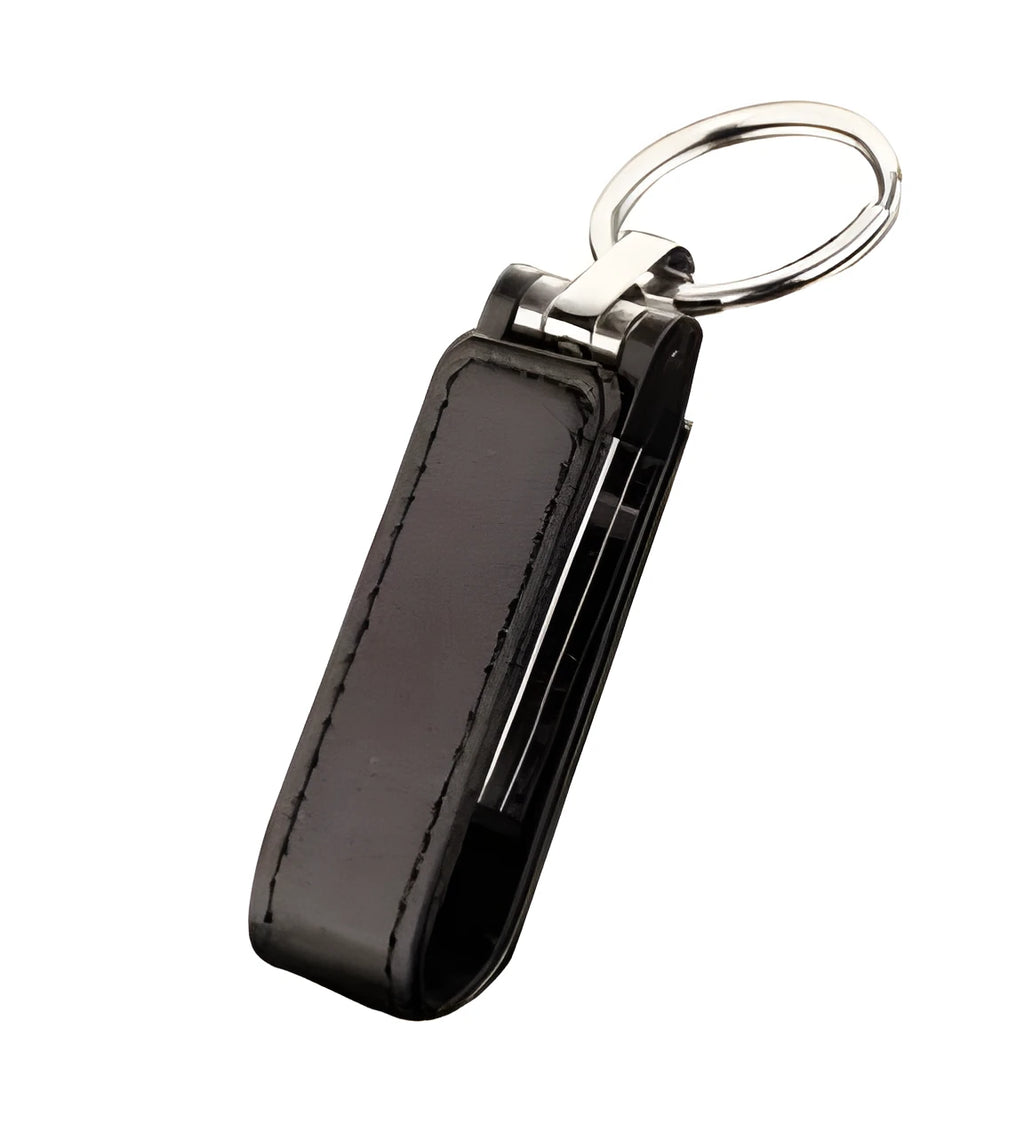 Leather USB flash drive with keychain ring, USB 2.0 interface, available in black, blue, brown, red, white, 16GB or 32GB