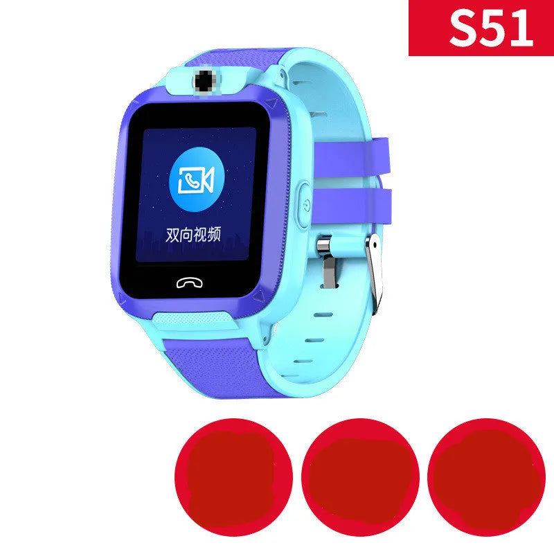 Blue children's smartwatch with a 1.44-inch screen on a silicone wristband for video calls and GPS.