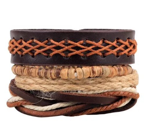 Hand-woven leather bracelet with wooden beads and adjustable closure in punk style