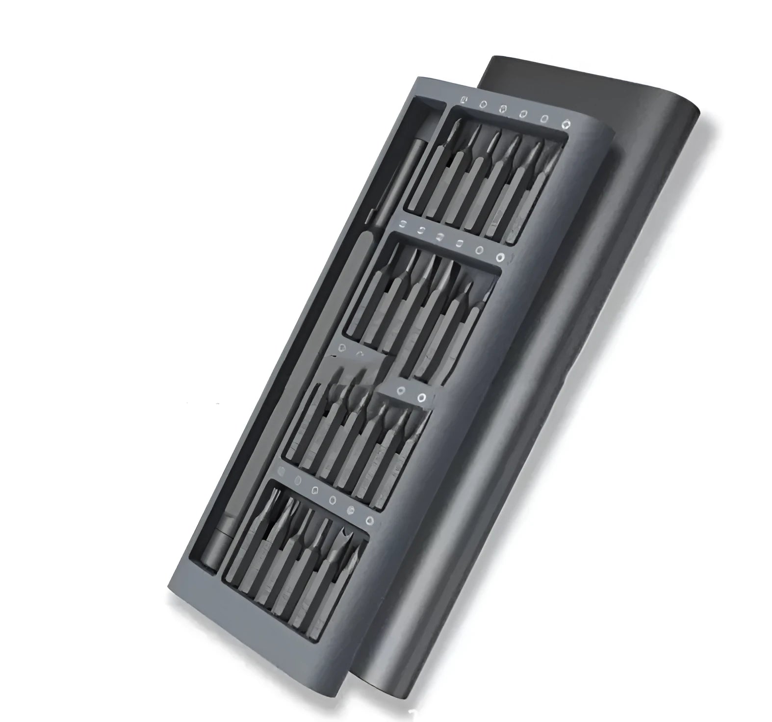 24 in 1 S2 steel precision screwdriver set with gray aluminum handle and magnetic bits