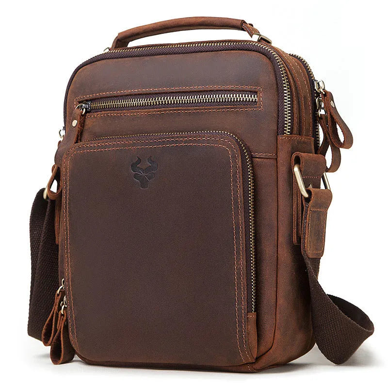 Men's brown crazy horse leather crossbody bag with sewing line details and single shoulder strap