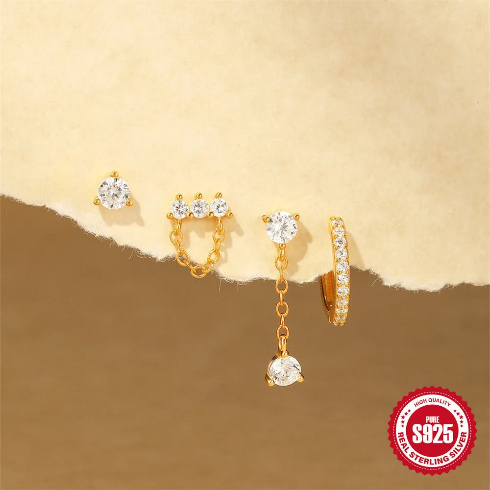 S925 sterling silver clover petal earrings with geometric design and electroplated gold finish
