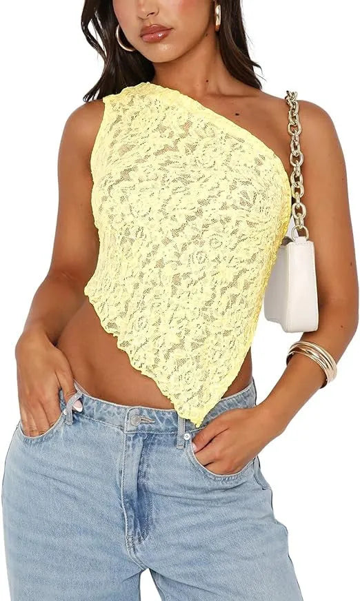 Women's lace backless sleeveless top with asymmetrical neckline in solid colour options