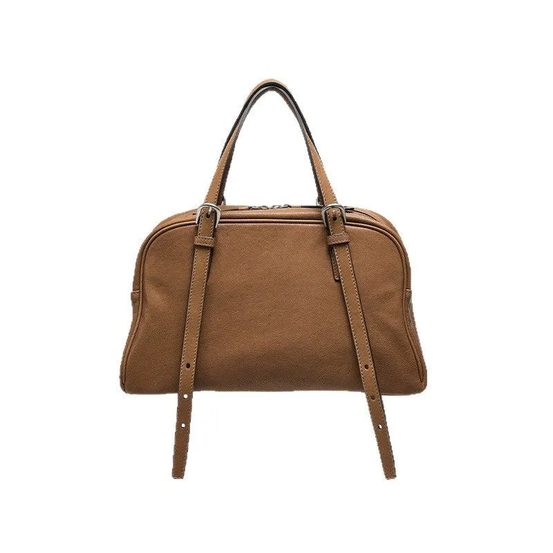 Women's genuine leather retro shoulder bag in horizontal square shape with double straps.