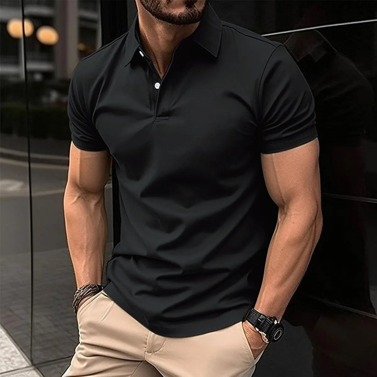 Men's solid colour short sleeve polo shirt with a button-down lapel collar, shown in a light green colour.