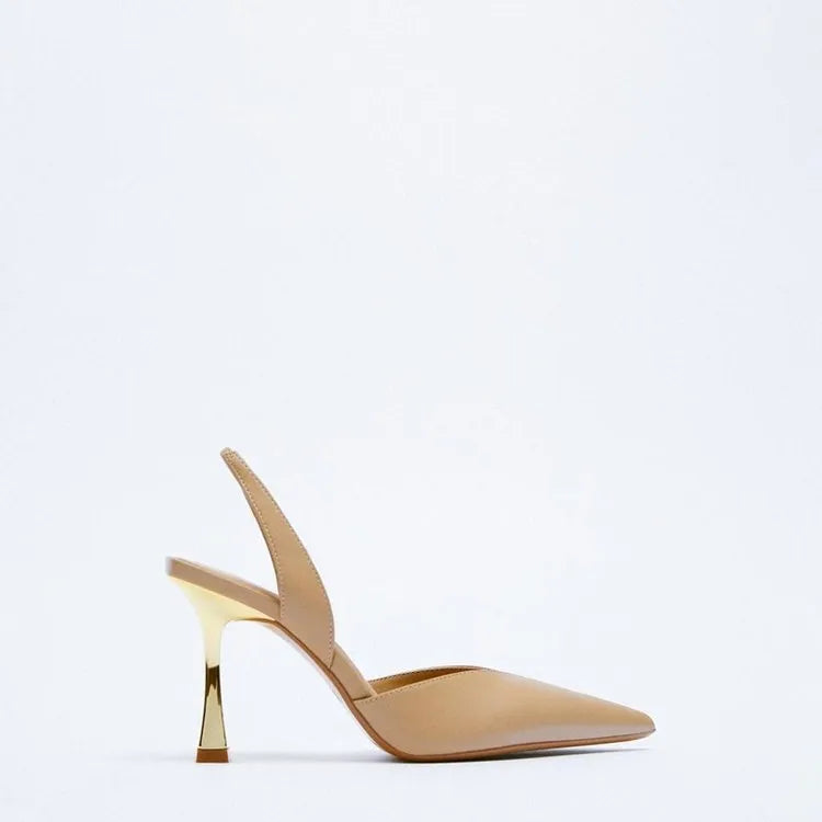 Women's pointed high heels in patent leather, shown in apricot and black colours, featuring a shallow mouth design.