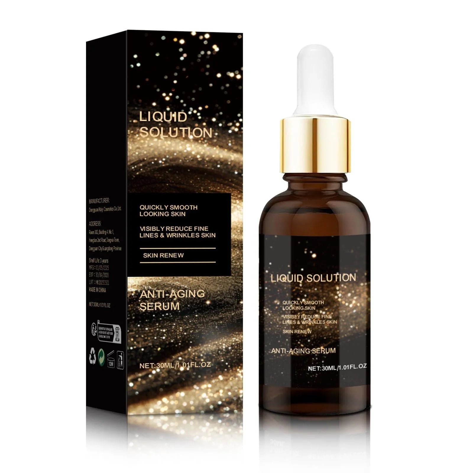 30ml facial liquid in 9cm tall bottle with hyaluronic acid moisturising formula