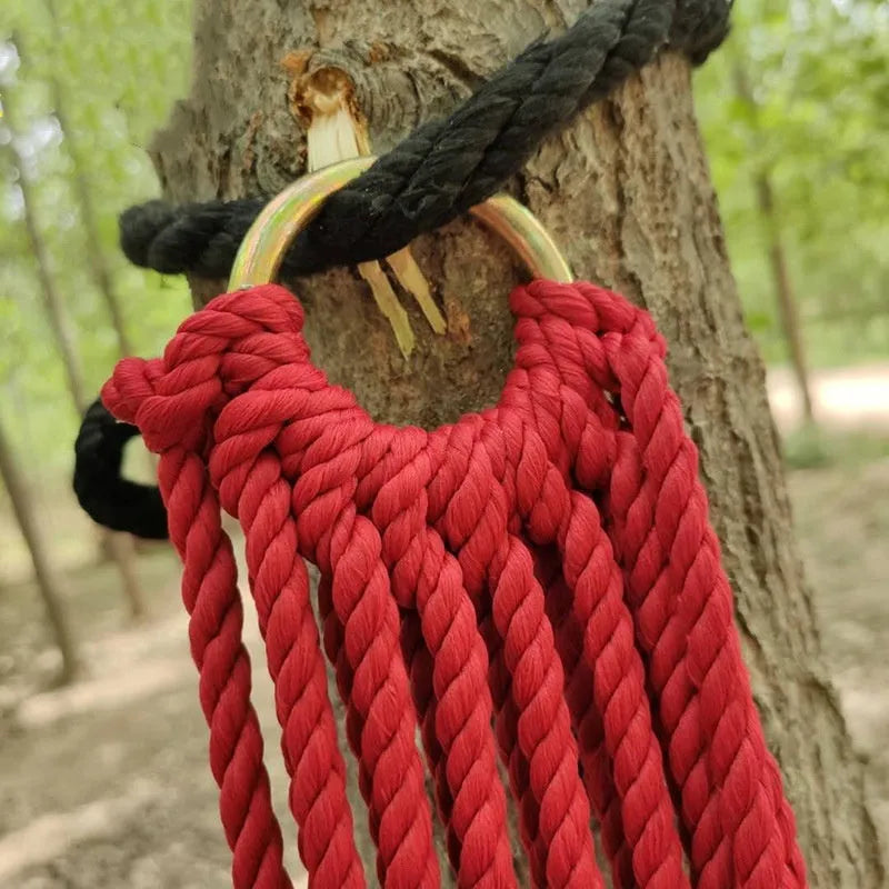 Nylon rope mesh hammock with open weave pattern showing 1.1m width and included tying rope
