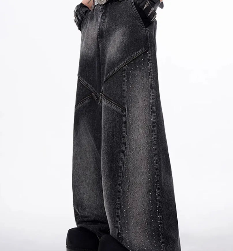 Wide leg cotton denim pants with structure zipper and worn finish in black and grey Korean style