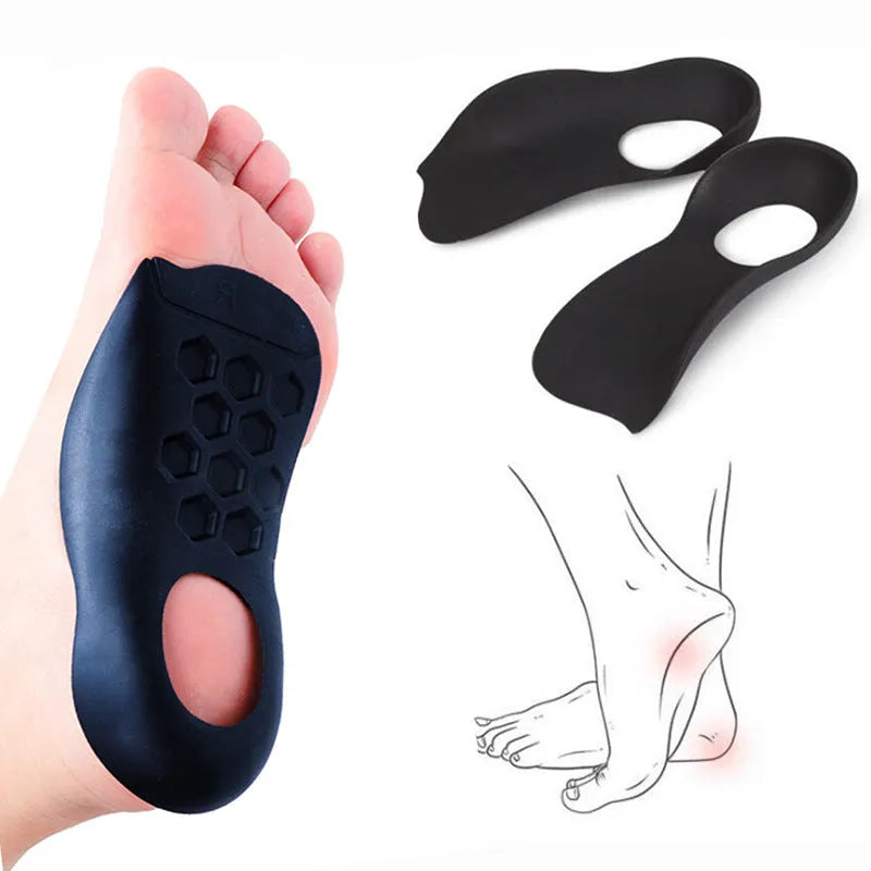 Varus correction arch support insoles in TPR material showing white, black and skin colour options