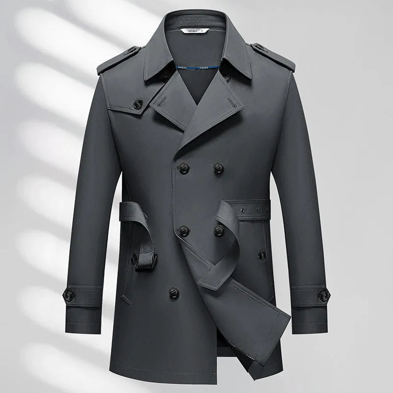 Men's business trench coat in khaki solid colour with non-ironing polyester fabric, front view