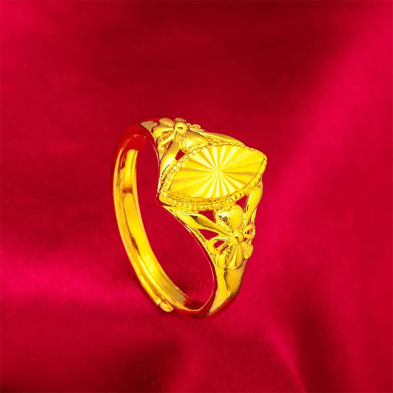 Gold electroplated brass open diamond flower ring with geometric texture