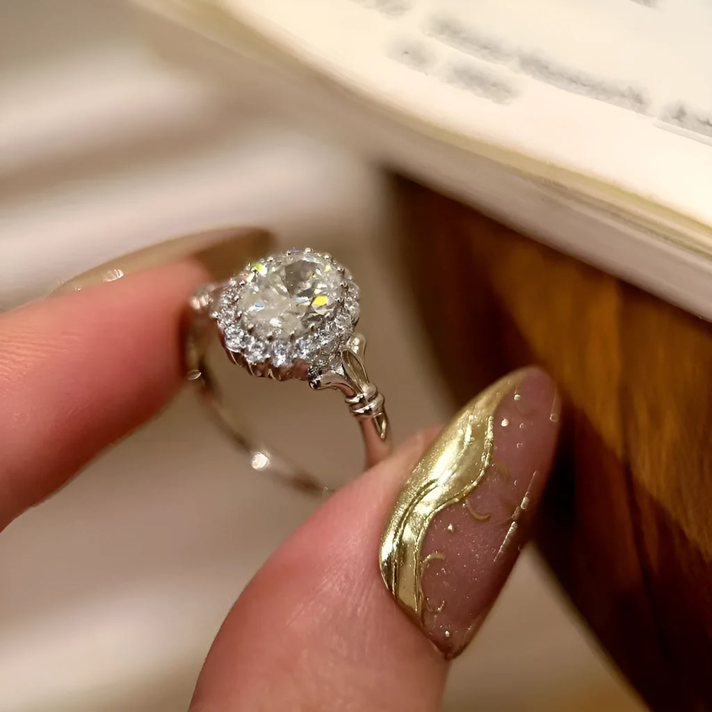 Silver adjustable bridal ring with geometric diamond design and ellipse shape